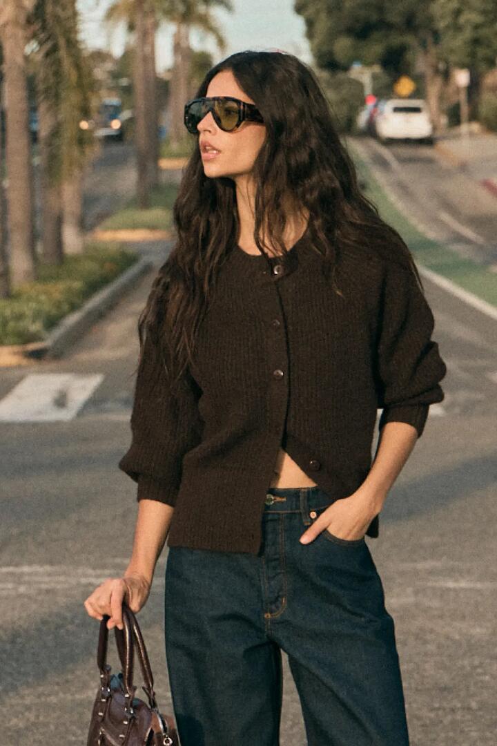 Image of a model wearing Outerwear. Product name - Duchess Chocolate Wool Blend Cardigan in Brown colour by brand - Rollas