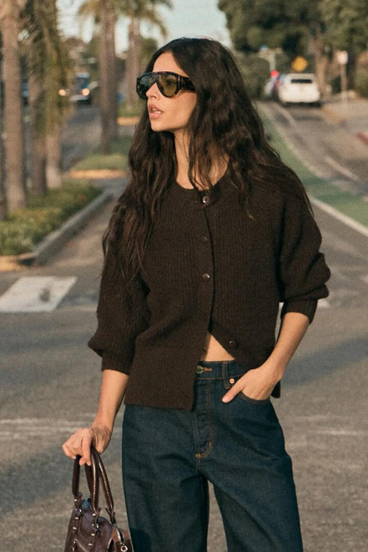 Image of a model wearing Outerwear. Product name - Duchess Chocolate Wool Blend Cardigan in Brown colour by brand - Rollas