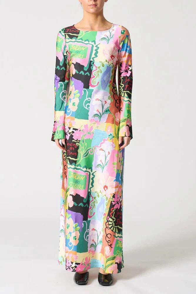 Image of Dresses. Product name - Soho Jardin Des Fleurs Multi Print LS Satin Maxi Dress in Multi colour by brand - Walnut