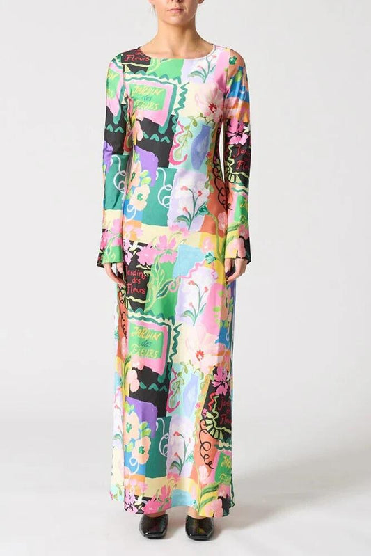 Image of Dresses. Product name - Soho Jardin Des Fleurs Multi Print LS Satin Maxi Dress in Multi colour by brand - Walnut