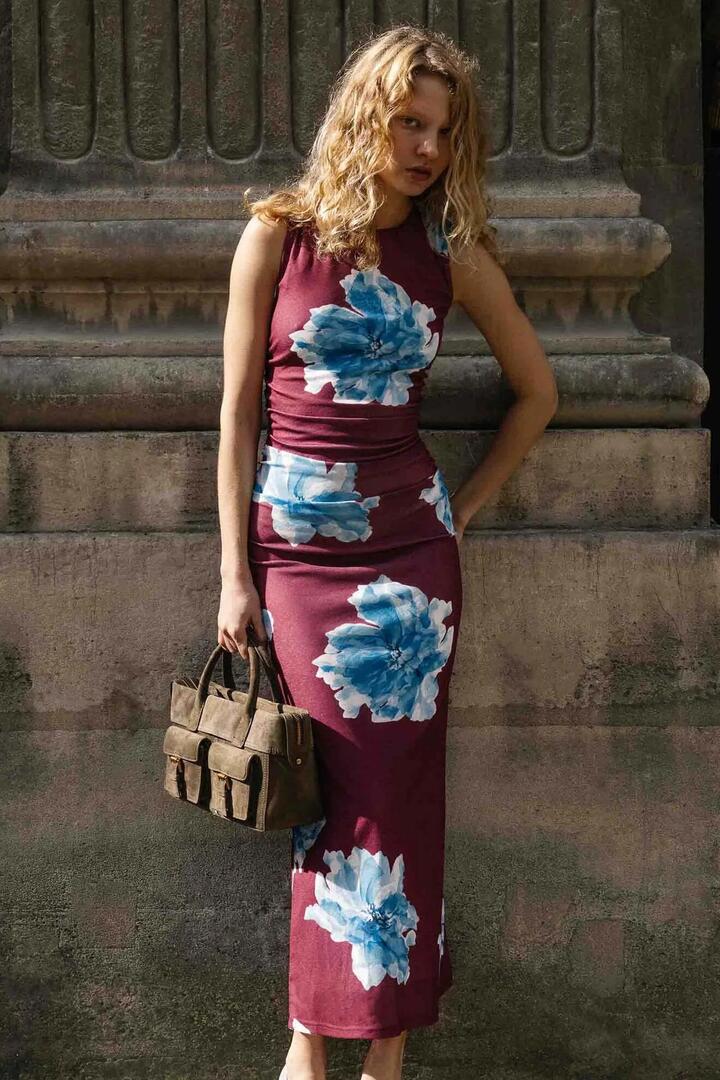 Image of Dresses. Product name - Fiorella Wine Blue Floral Mesh Sleeveless Midi Dress in Blue colour by brand - Mink Pink