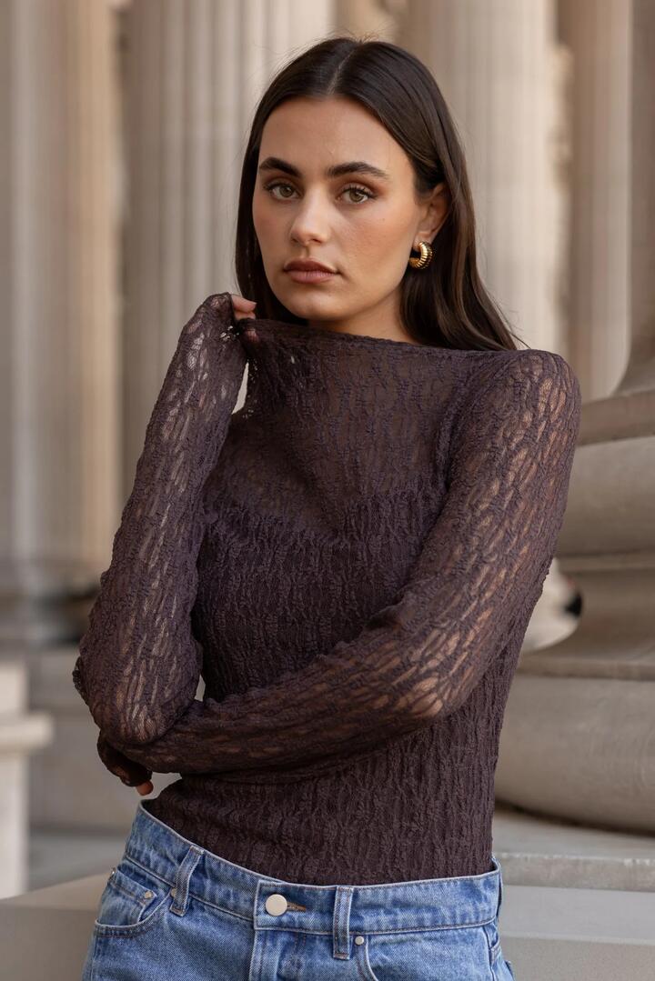Image of a model wearing Tops. Product name - Giving Chocolate Lace Long Sleeve Top in Chocolate Lace colour by brand - Among the Brave