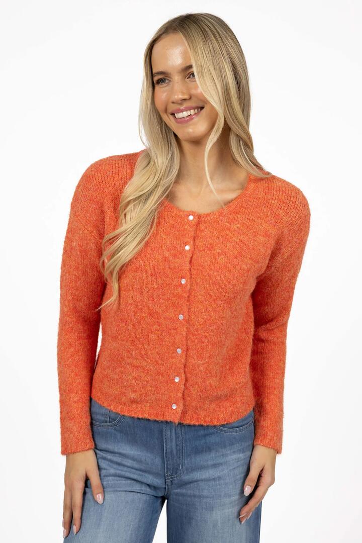 Image of a model wearing Outerwear. Product name - Nellie Citrus Orange Wool Blend Fitted Cardi in Orange colour by brand - Humidity Lifestyle