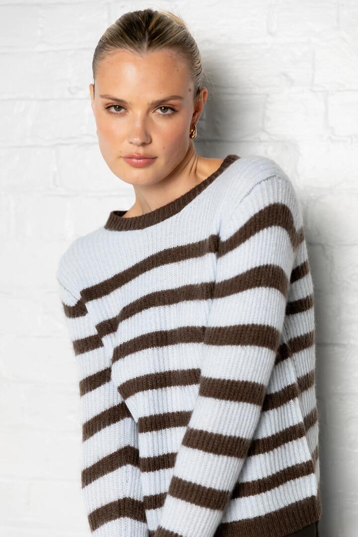 Image of a model wearing Outerwear. Product name - Routine Ice Blue Stripe LS Striped Fluffy Knit Jumper in Ice Blue Stripe colour by brand - Stories be Told