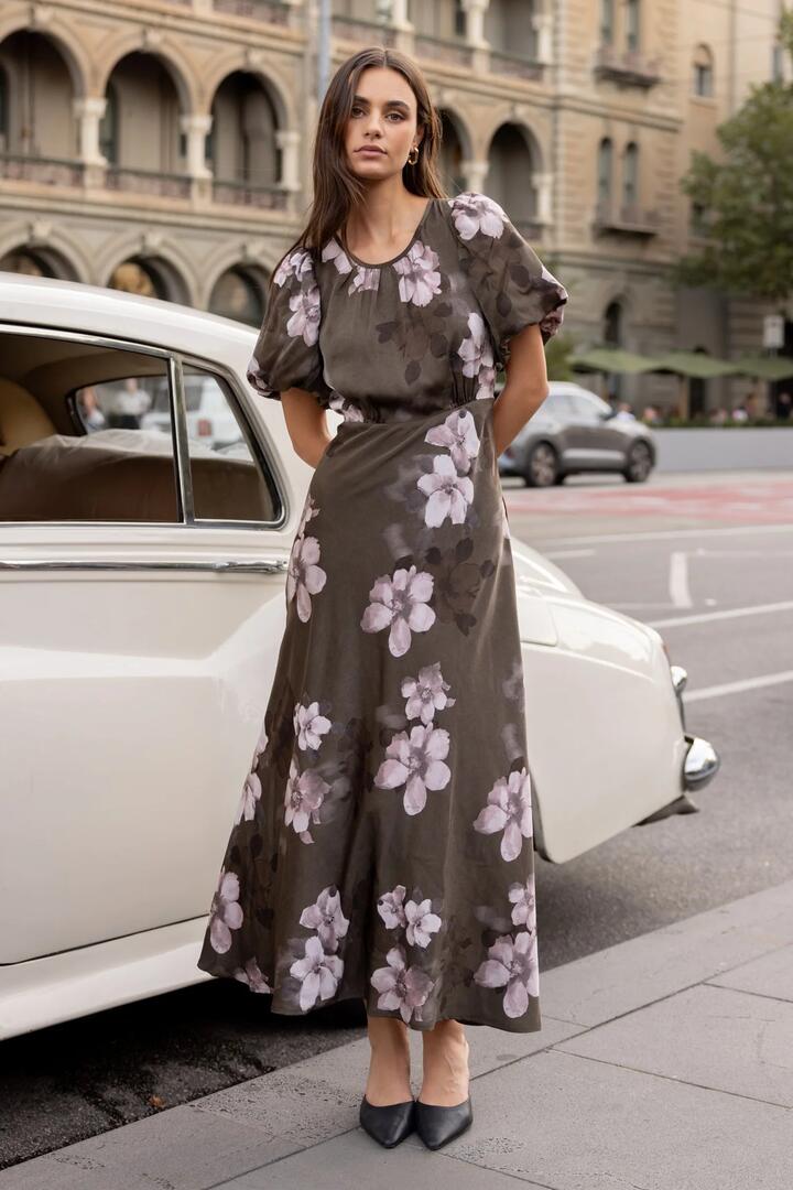 Image of Dresses. Product name - Stage Cocoa Blossom Floral Satin Puff Sleeve Floaty Maxi Dress in Cocoa Blossom Floral colour by brand - Stories be Told