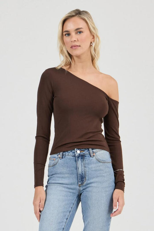 Image of a model wearing Tops. Product name - Natasha Espresso Off Shoulder LS Top in Brown colour by brand - Rollas
