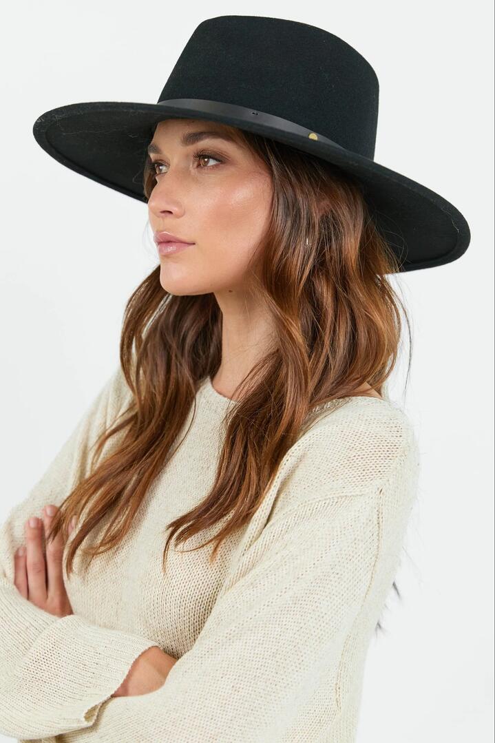 Image of Hats. Product name - Tahlia Black Panama Wide Brim Adjustable Wool Hat in Black colour by brand - Among the Brave