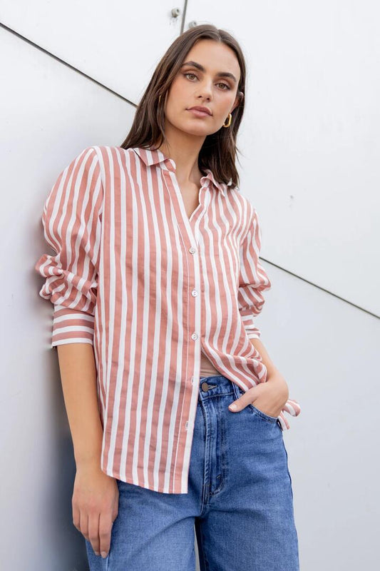 Image of Shirts. Product name - Narrative Ochre Stripe Semi Sheer Long Sleeve Shirt in Ochre Stripe colour by brand - Among the Brave