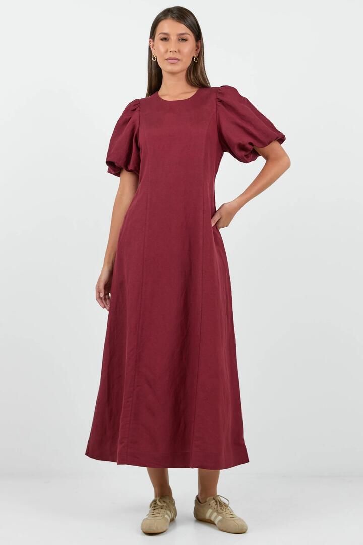 Image of Dresses. Product name - Indulgent Burgundy Puff Sleeve Relaxed Maxi Dress in Burgundy Plum colour by brand - RE:UNION Label