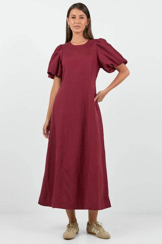 Image of Dresses. Product name - Indulgent Burgundy Puff Sleeve Relaxed Maxi Dress in Burgundy Plum colour by brand - RE:UNION Label