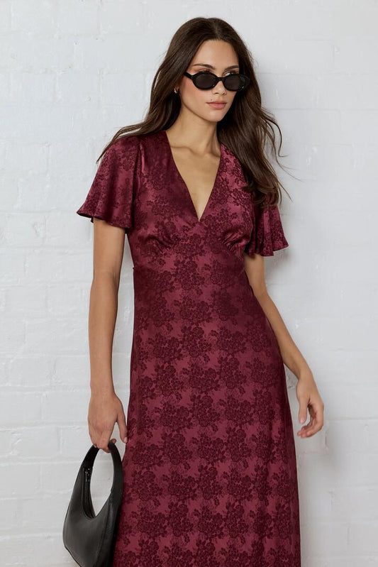 Image of Dresses. Product name - Tram Burgundy Jacquard Bias Flared Maxi Dress in Burgundy Jacquard colour by brand - Georgia Zoe