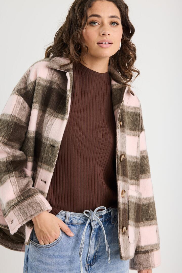 Image of Coats & Jackets. Product name - Solace Chocolate Pink Check Oversized Shacket in Chocolate Pink Check colour by brand - Stories be Told