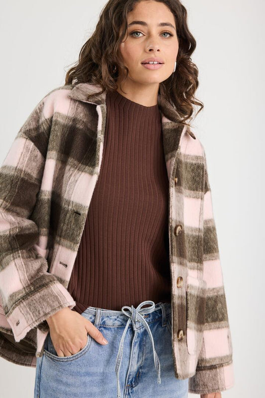 Image of Coats & Jackets. Product name - Solace Chocolate Pink Check Oversized Shacket in Chocolate Pink Check colour by brand - Stories be Told