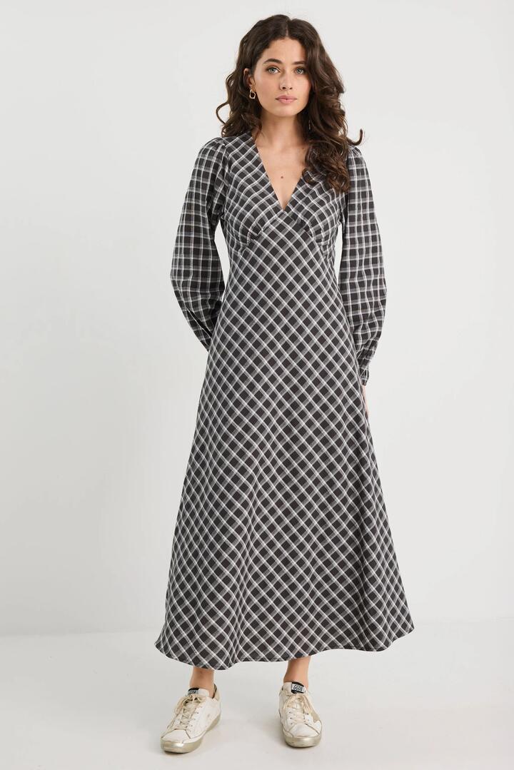 Image of Dresses. Product name - Phoenix Black White Check Balloon Sleeve Midi Dress in Black White Check colour by brand - Among the Brave
