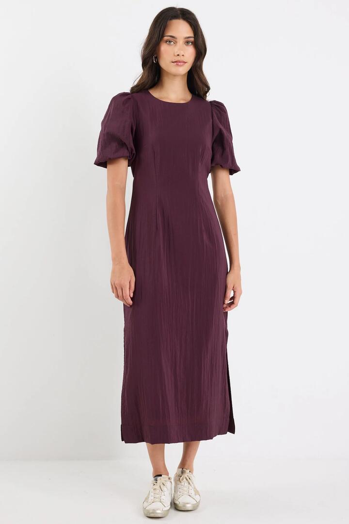 Image of Dresses. Product name - Elder Plum Short Puff Sleeve Tie Midi Dress in Plum colour by brand - Stories be Told