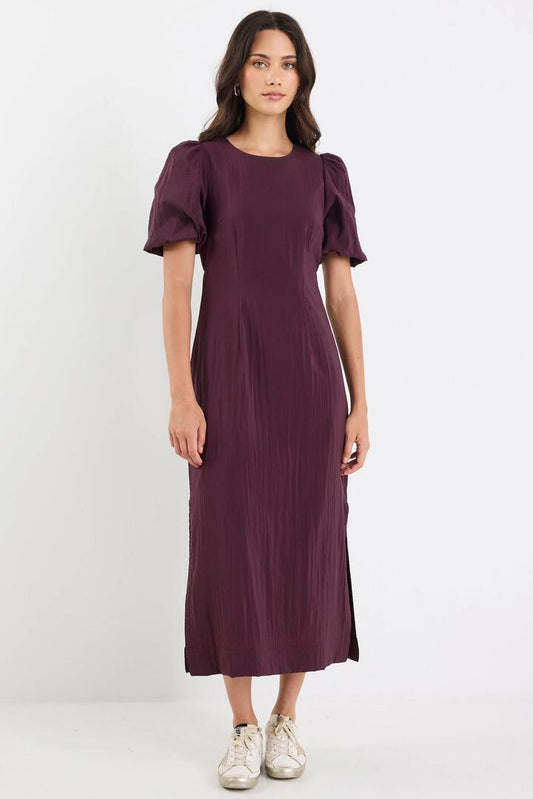 Image of Dresses. Product name - Elder Plum Short Puff Sleeve Tie Midi Dress in Plum colour by brand - Stories be Told
