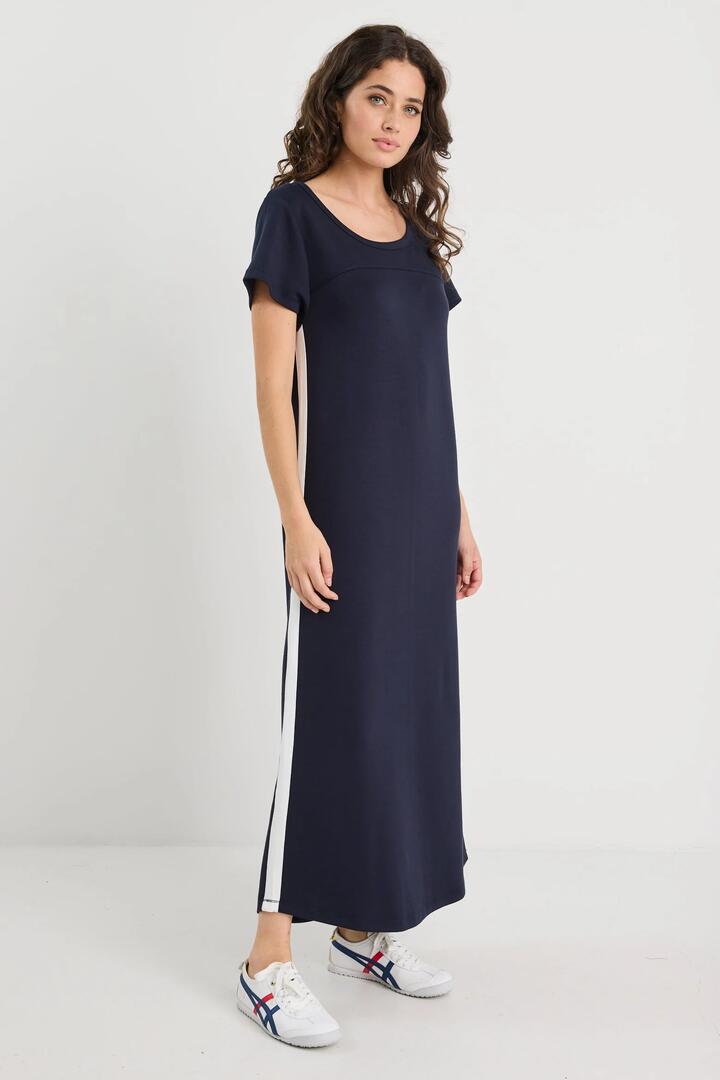 Image of Dresses. Product name - Ballad Ink Side Stripe Crew Neck Knit Maxi Dress in Ink colour by brand - Among the Brave