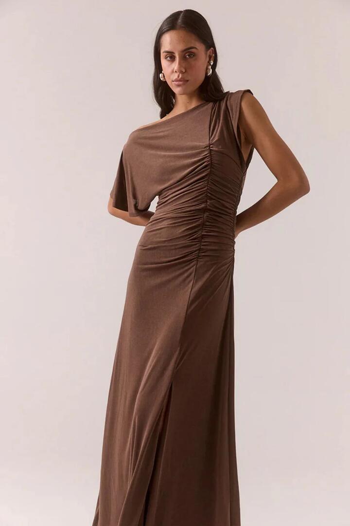 Image of Dresses. Product name - Miro Brownie Jersey Ruched Side SS Maxi Dress in Brown colour by brand - Sovere