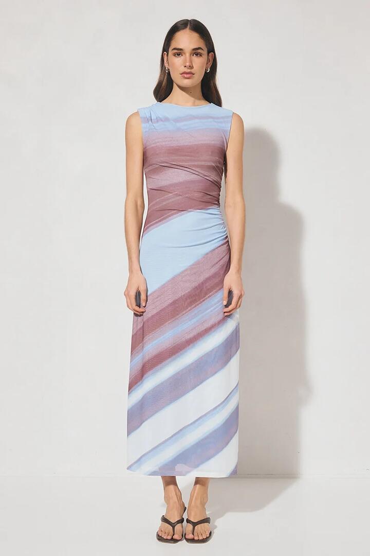 Image of Dresses. Product name - Chroma Blue Asymetric Dusk Stripe Mesh Sleeveless Maxi Dress in Blue colour by brand - Mon Renn