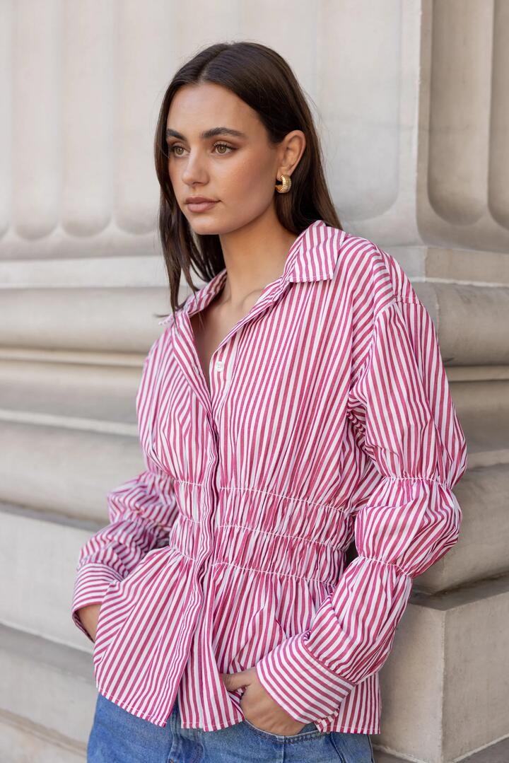 Image of Shirts. Product name - Composite Burgundy Plum Stripe Shirred Body Shirt in Burgundy Plum Stripe colour by brand - Stories be Told