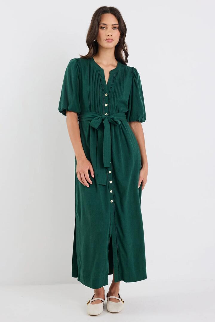 Image of Dresses. Product name - Candor Forest Puff Sleeve Pin Tuck Maxi Shirt Dress in Forest colour by brand - By Rosa.