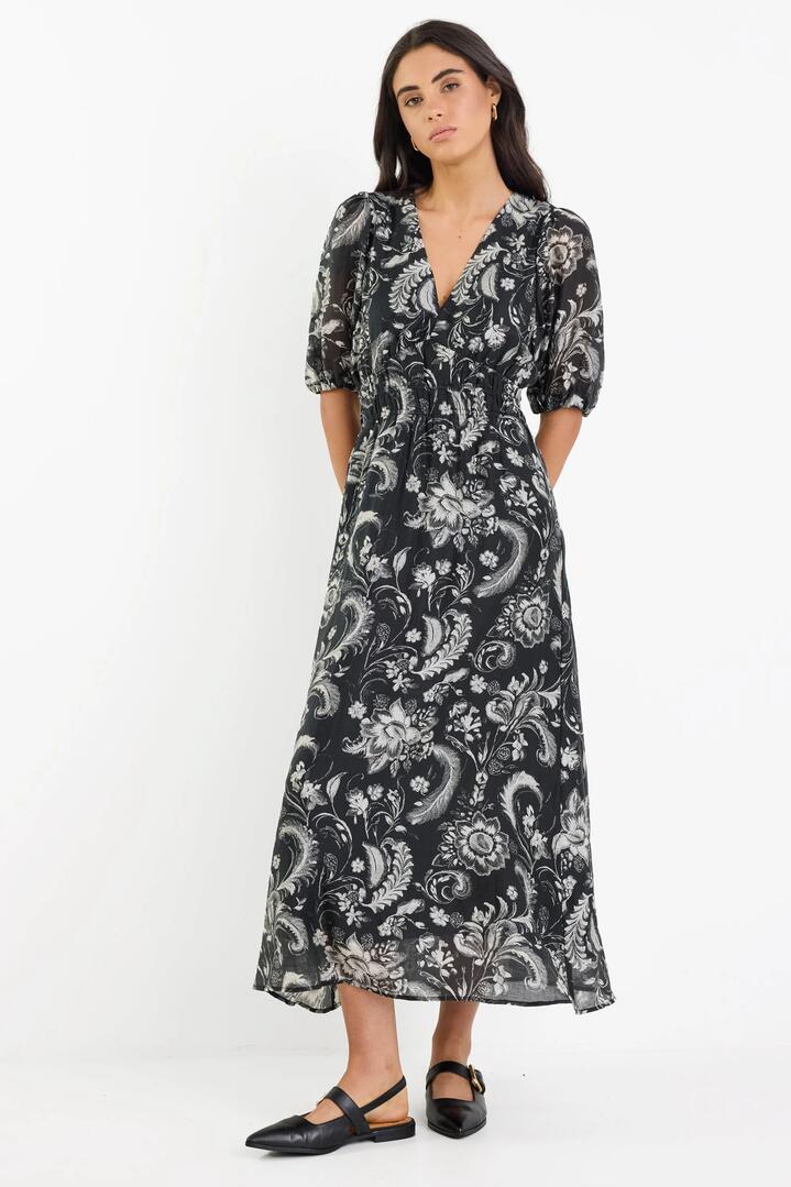 Image of Dresses. Product name - Empress Black Scrolling Foliage SS Flared Maxi Dress in Black Scrolling Foliage colour by brand - Ivy + Jack