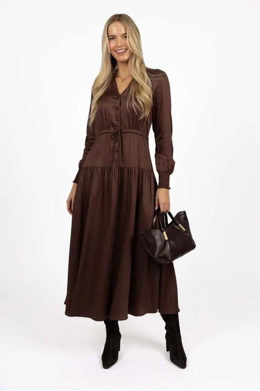 Image of Dresses. Product name - Celeste Cocoa Tencel Front Button LS Maxi Dress in Brown colour by brand - Humidity Lifestyle