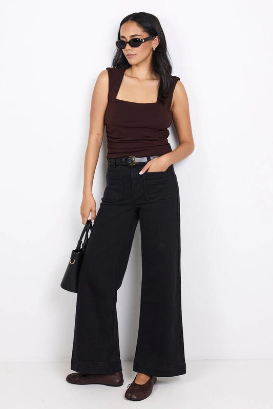 Image of Jeans. Product name - Zoey Black Petite High Rise Wide Leg Pocket Jean in Black colour by brand - Among the Brave