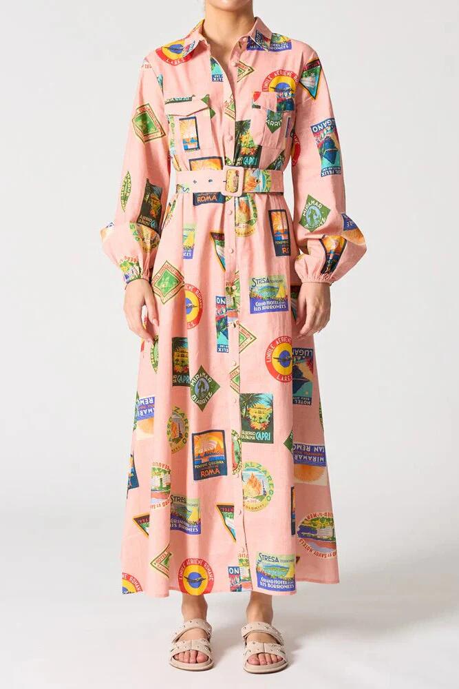 Image of Dresses. Product name - Nantucket Pink Jetsetter Print LS Maxi Dress in Pink colour by brand - Walnut