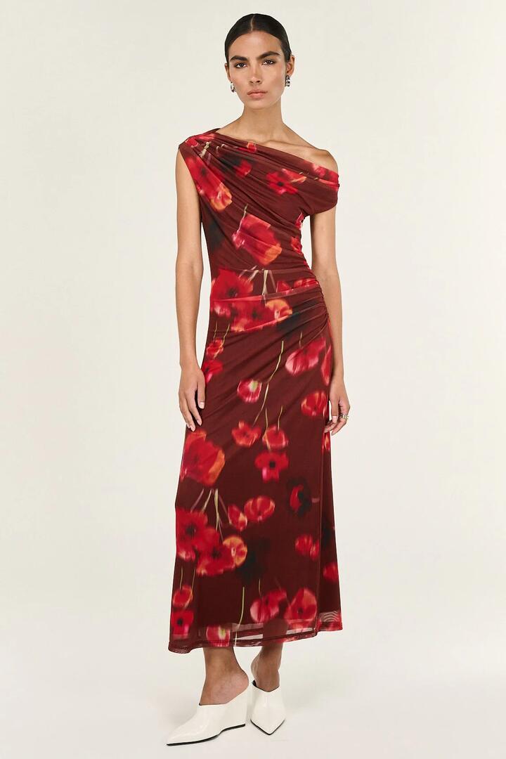 Image of Dresses. Product name - Vivi Chocolate Floral Asym Off Shoulder Mesh Midi Dress in Brown colour by brand - Staple The Label