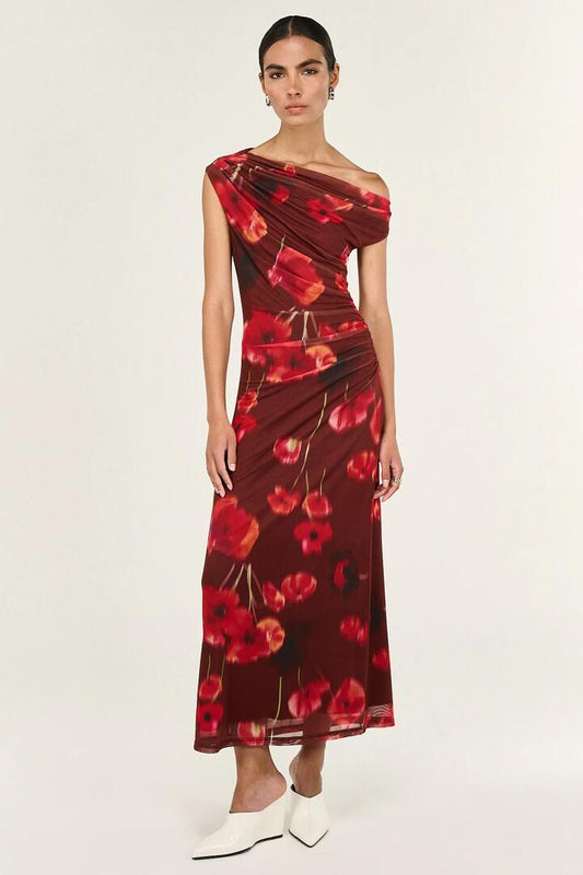 Image of Dresses. Product name - Vivi Chocolate Floral Asym Off Shoulder Mesh Midi Dress in Brown colour by brand - Staple The Label