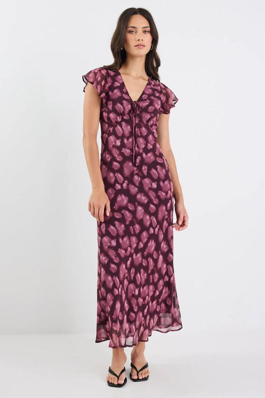 Image of Dresses. Product name - Admiration Burgundy Smudge Print Georgette Flutter Sleeve Maxi Dress in Burgundy Smudge Print colour by brand - Georgia Zoe