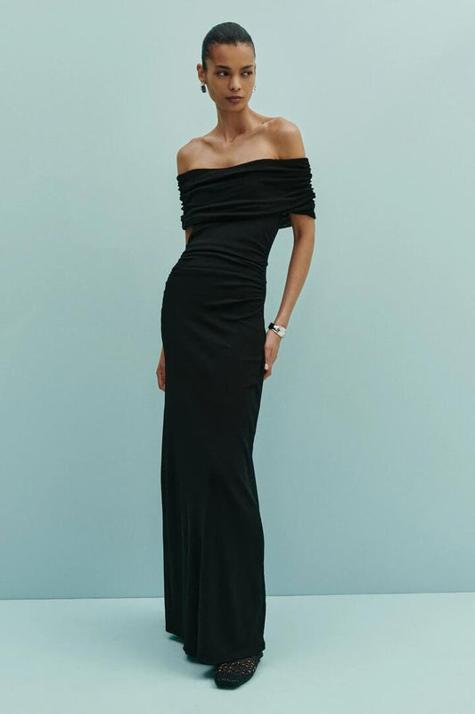 Image of Dresses. Product name - Rue Black Mesh Off Shoulder SS Midi Dress in Black colour by brand - Nude Lucy