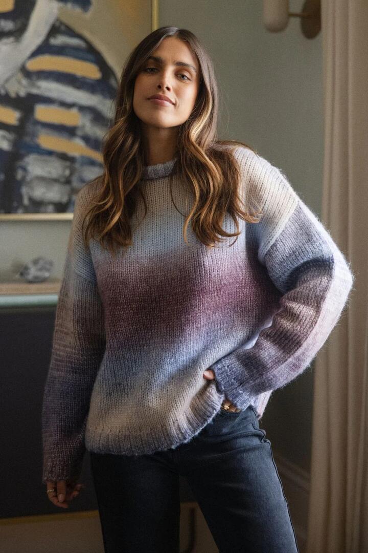 Image of a model wearing Outerwear. Product name - Fray Lilac Multi Gradient Wool Blend Knit in Purple colour by brand - All About Eve