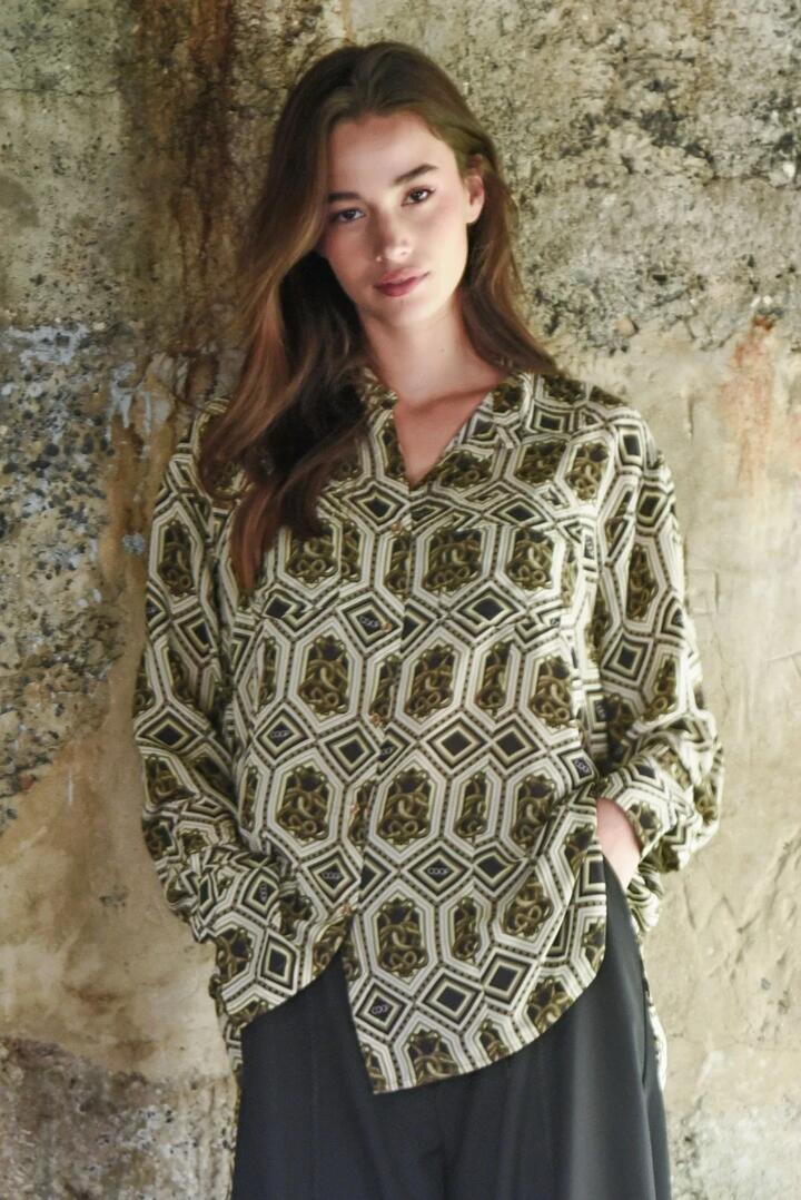 Image of Shirts. Product name - Pocket Full Of Chic Bronze Snake Print LS Shirt in Bronze colour by brand - Coop