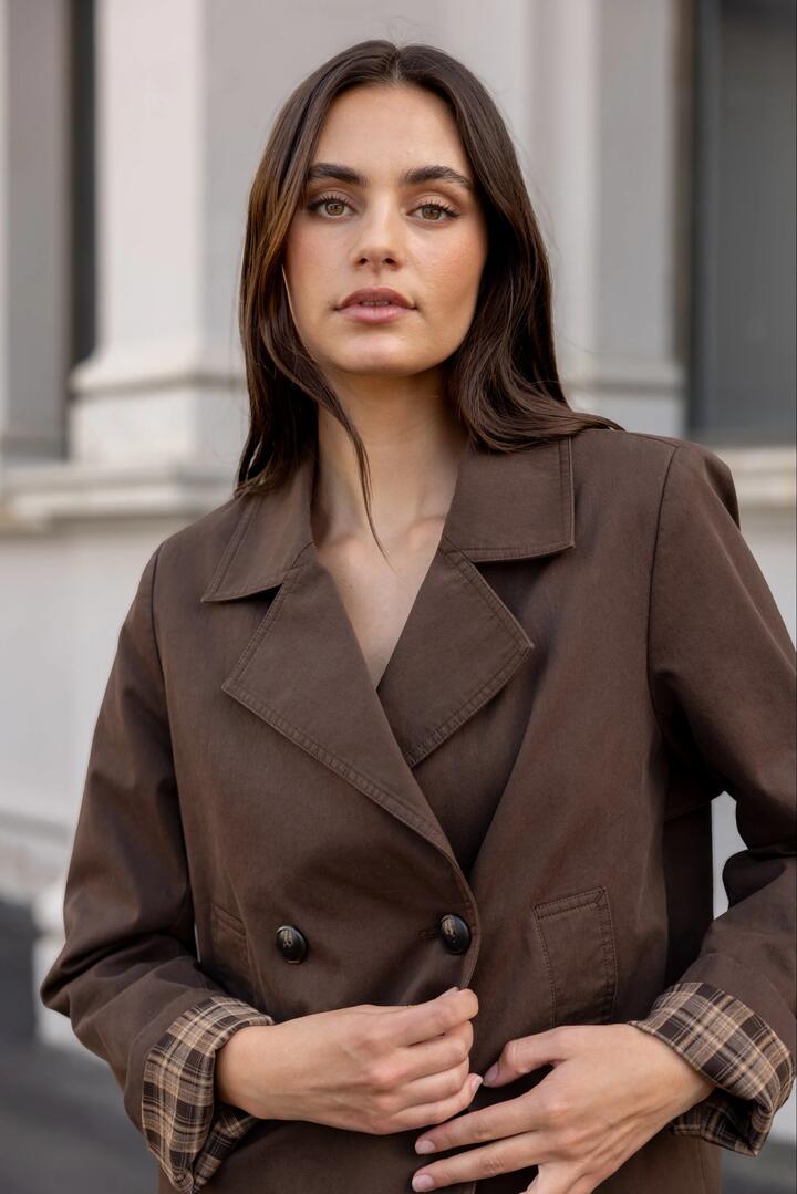 Image of Coats & Jackets. Product name - Pathway Chocolate Cropped Trench Jacket in Chocolate colour by brand - Stories be Told