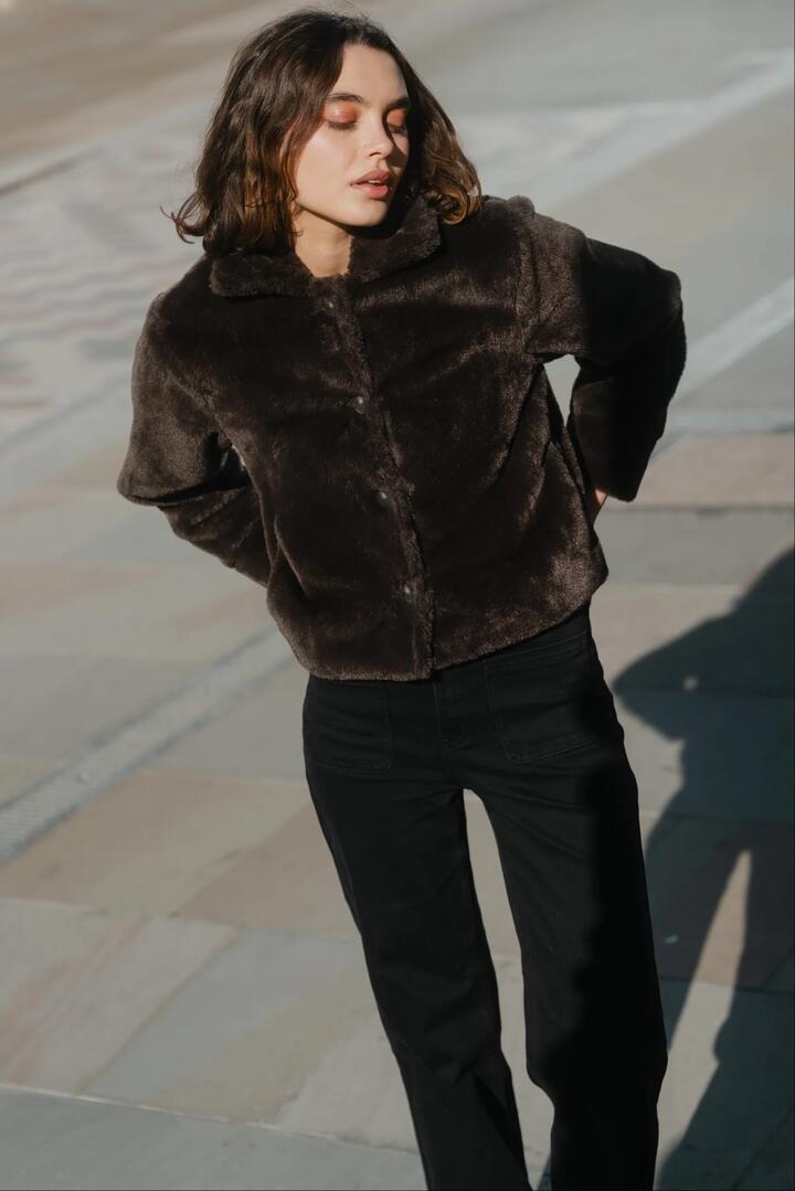 Image of Coats & Jackets. Product name - Lodge Chocolate Faux Fur Jacket in Chocolate colour by brand - Stories be Told
