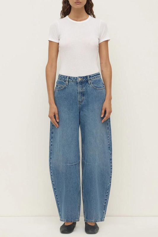 Image of Jeans. Product name - High Rise Classic Blue Barrel Jean in Blue colour by brand - Assembly Label