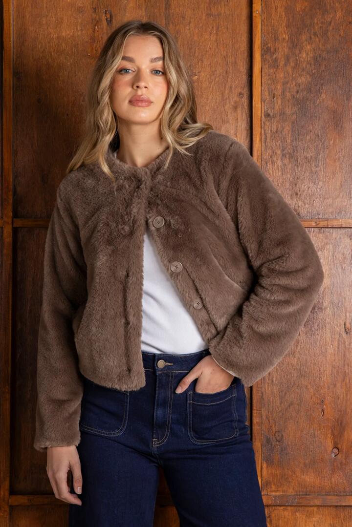 Image of Coats & Jackets. Product name - Sofia Mocha Fur Jacket in Natural colour by brand - Foxwood