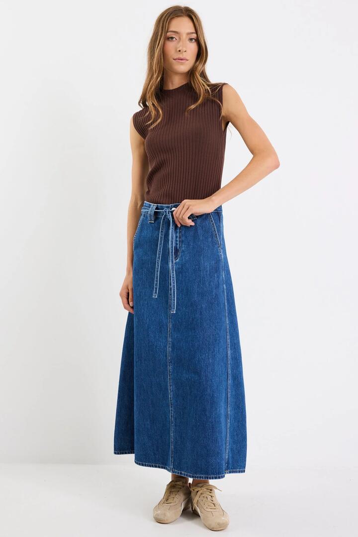 Image of a model wearing Skirts. Product name - Dockside Storm Blue Denim Tie Front Maxi Skirt in Storm Blue colour by brand - Among the Brave