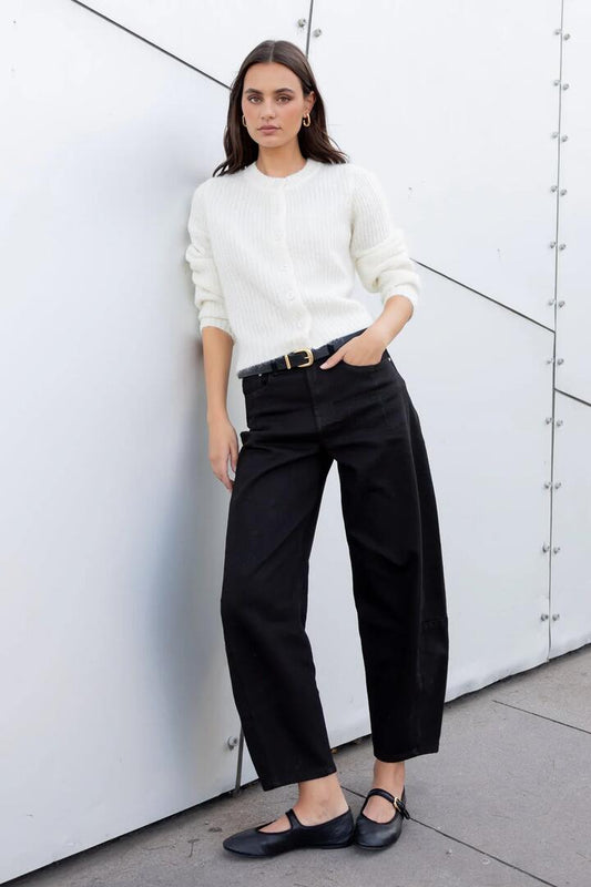 Image of Jeans. Product name - Graduate Jet Black Stretch Barrel Jeans in Jet Black colour by brand - Among the Brave