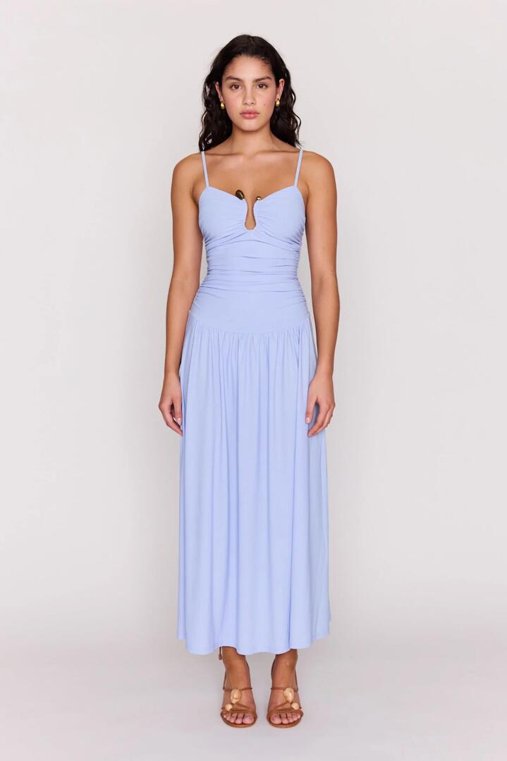Image of Dresses. Product name - Bianca Powder Blue Drop Waist Silver Hardware Strappy Maxi Dress in Blue colour by brand - Mink Pink