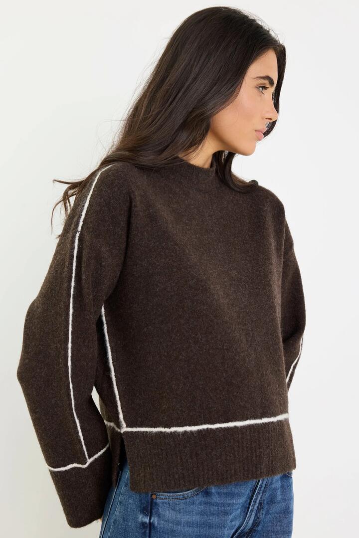 Image of a model wearing Outerwear. Product name - Quest Chocolate Contrast Trim Jumper in Chocolate colour by brand - Stories be Told