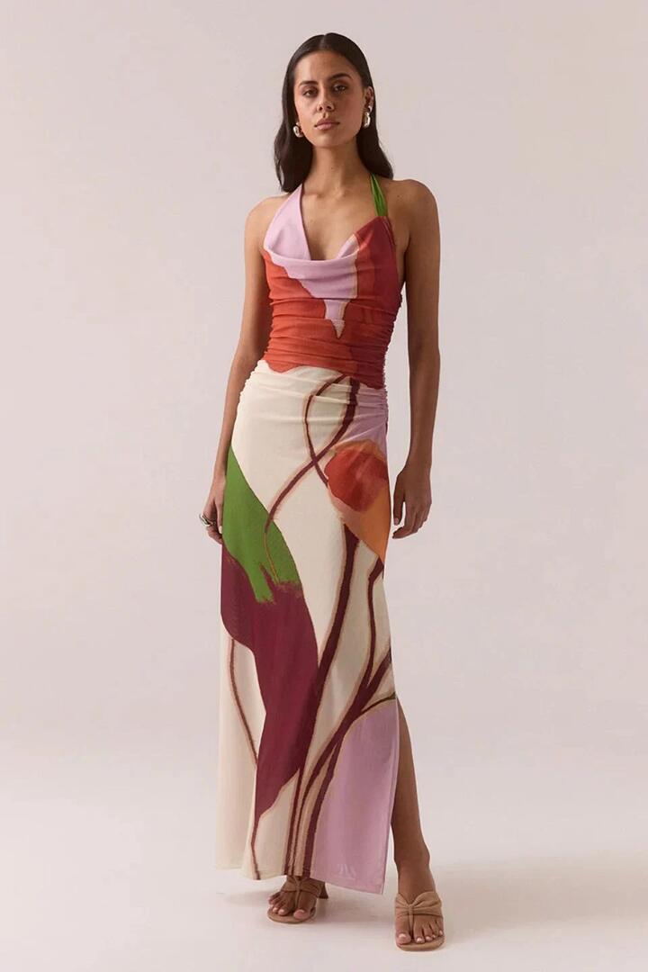 Image of Dresses. Product name - Kalea Multi Botanic Cowl Neck Mesh Halter Maxi Dress in Multi colour by brand - Sovere