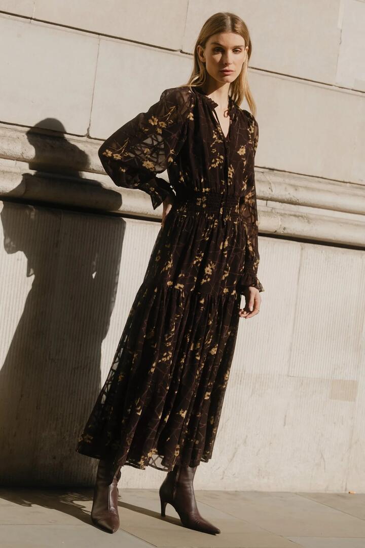Image of Dresses. Product name - Addition Chocolate Butter Floral Long Sleeve Shirred Waist Tiered Maxi Dress in Chocolate Butter Floral colour by brand - Ivy + Jack
