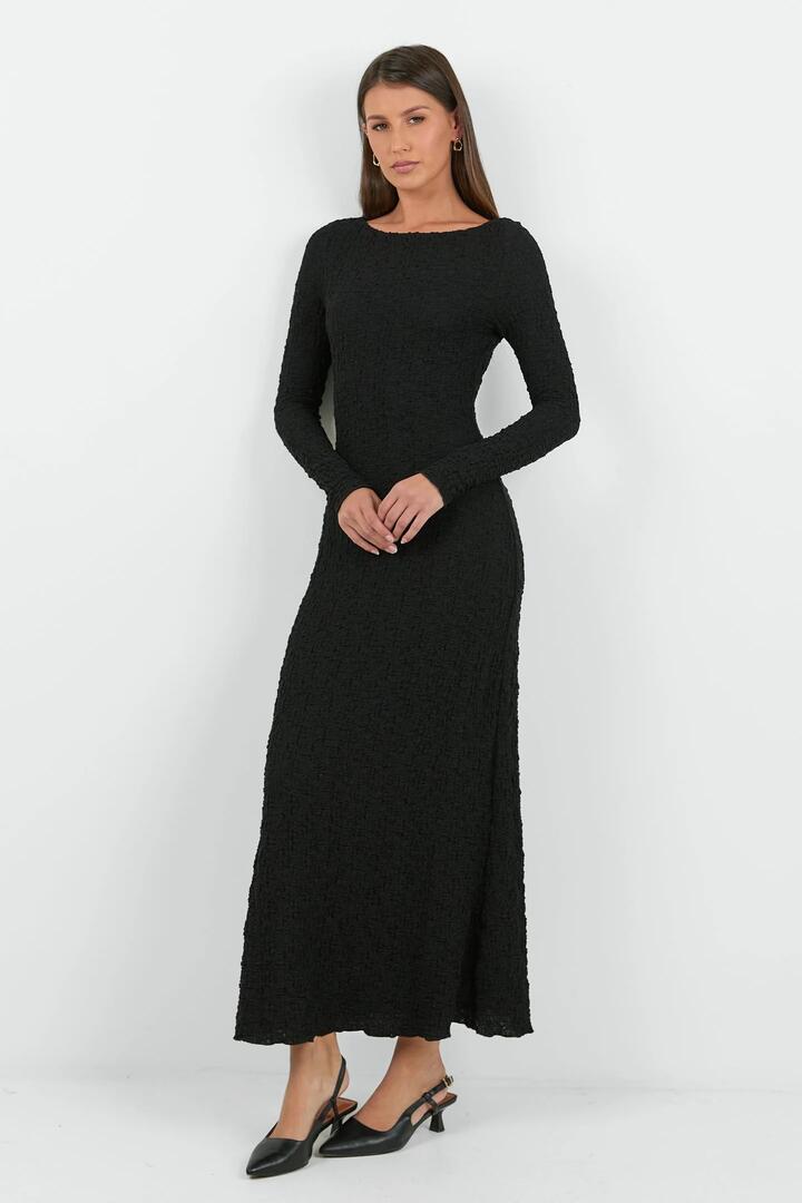 Image of Dresses. Product name - Habitat Black Stretch Lace Knit Long Sleeved Maxi Dress in Black colour by brand - Among the Brave