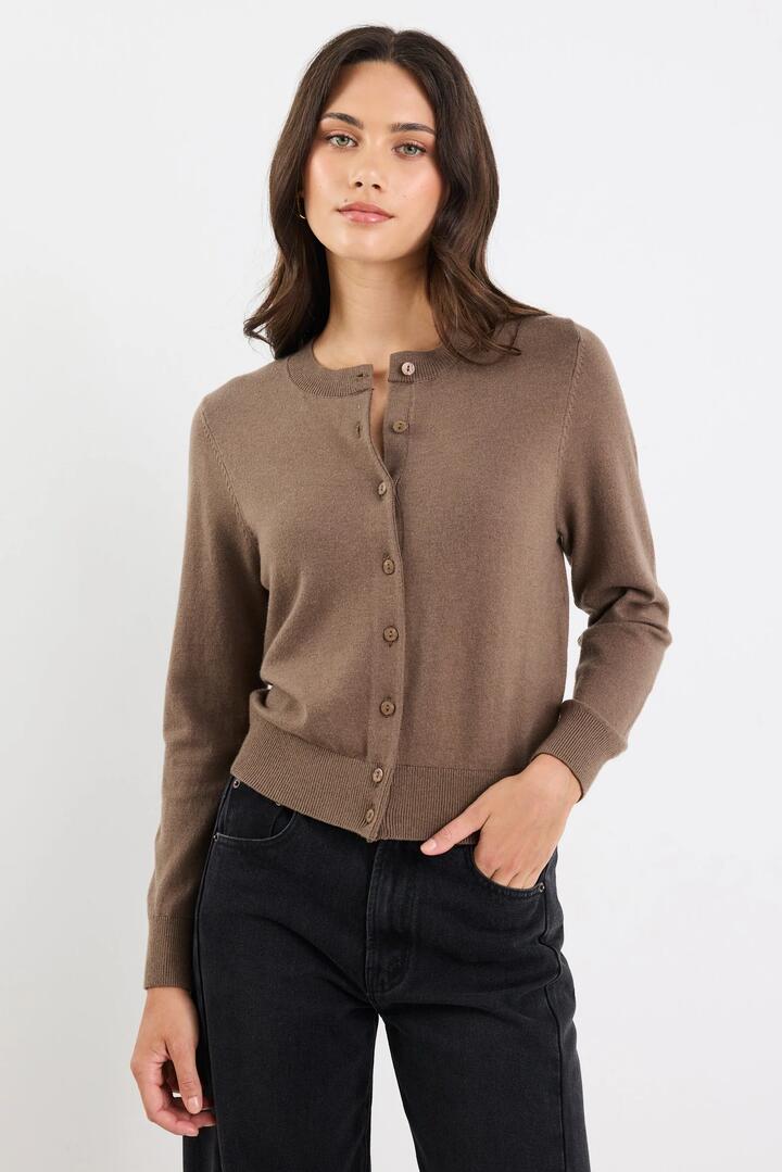 Image of a model wearing Outerwear. Product name - Autograph Mocha Soft Fine Gauge Crewneck Cardigan in Mocha colour by brand - Stories be Told