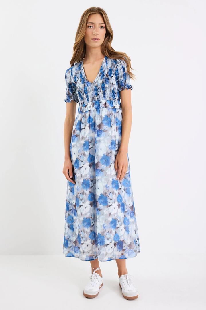 Image of Dresses. Product name - Aperture Sky Blue Floral Short Sleeve Shirred Bodice Midi Dress in Sky Blue Floral colour by brand - Among the Brave