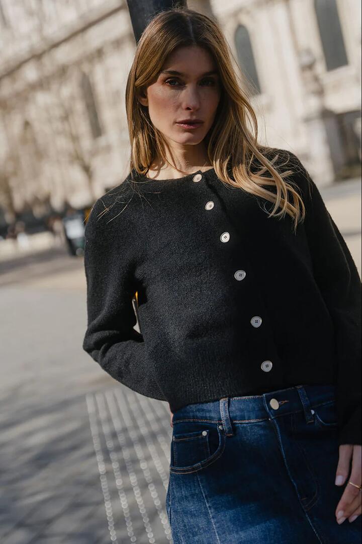 Image of a model wearing Outerwear. Product name - Imprint Black Soft Knit Crewneck Cardigan in Black colour by brand - Stories be Told