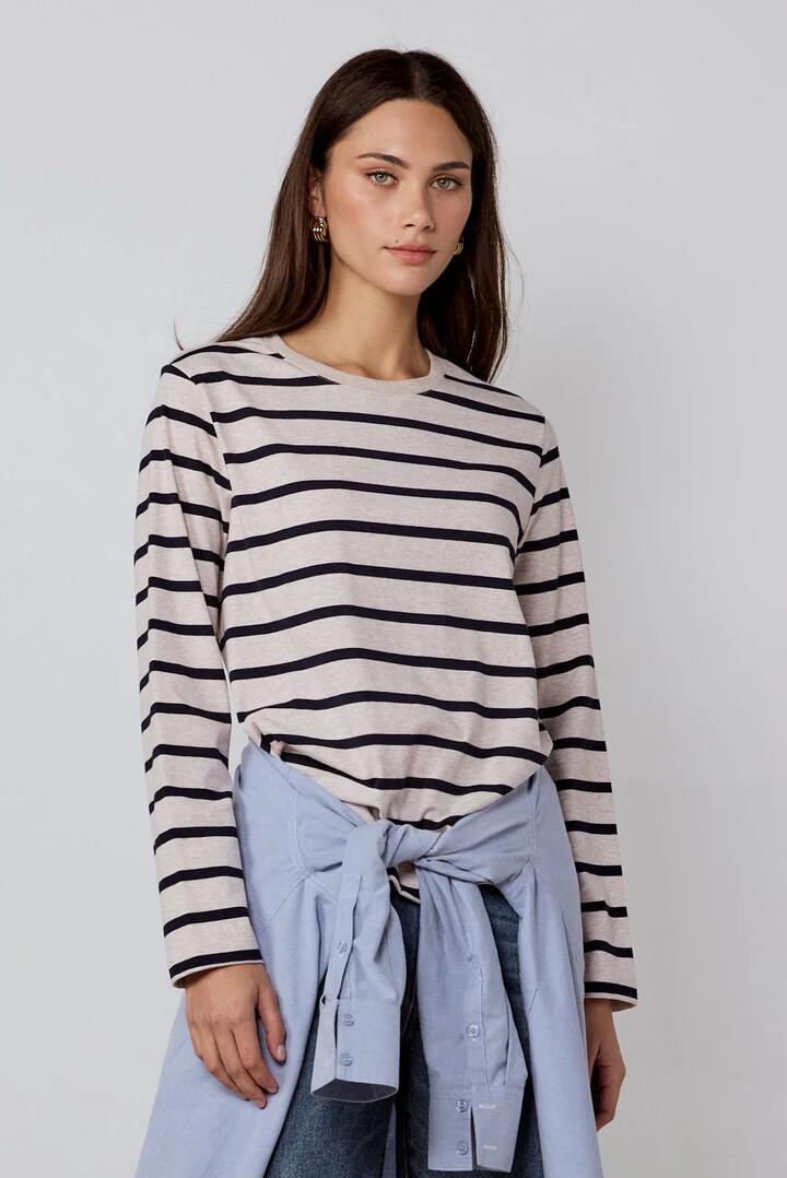 Image of a model wearing Tops. Product name - Tether Ecru Navy Stripe LS Boxy Tee in Ecru Navy Stripe colour by brand - RE:UNION Label